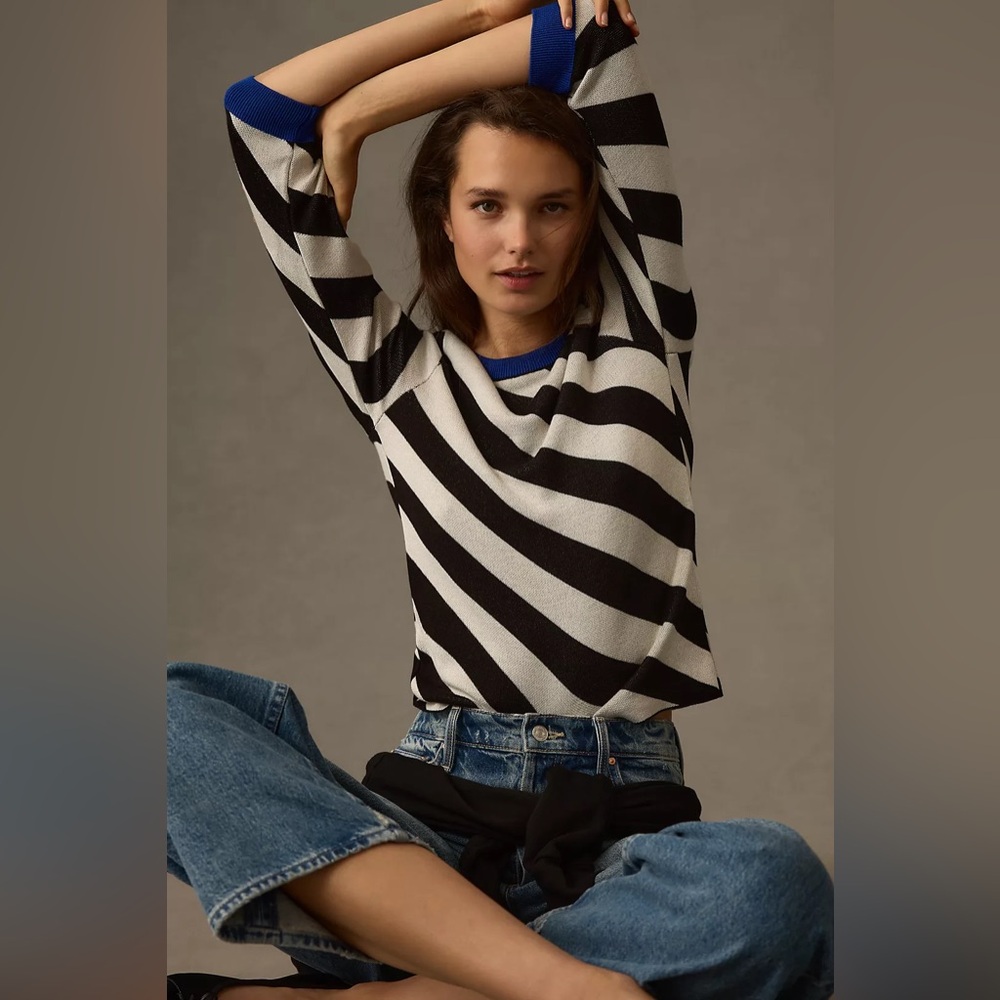 Maeve by Anthropologie striped pullover sweater black ivory blue trim size S - Picture 13 of 13